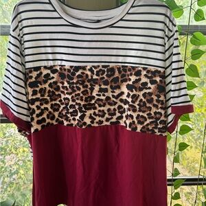 Striped and Leopard Print Colorblock Top
